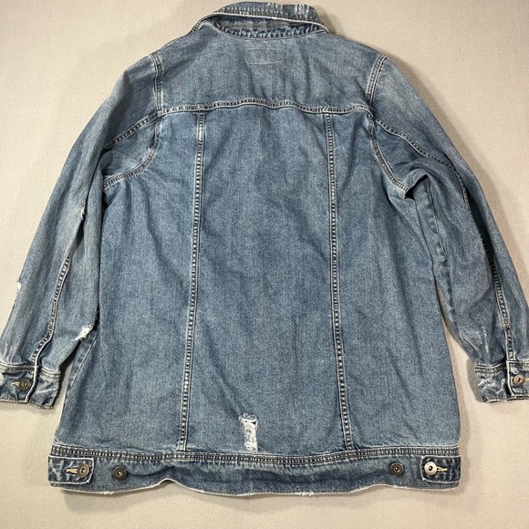 Torrid Distressed longline Denim Jean Jacket Blue Button Up Womens Size 2 - Picture 6 of 9